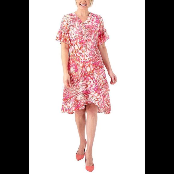 Isaac Mizrahi Live! Printed Crepe Midi Dress w/ Ruffle Detail Pink - Regular - Picture 1 of 2